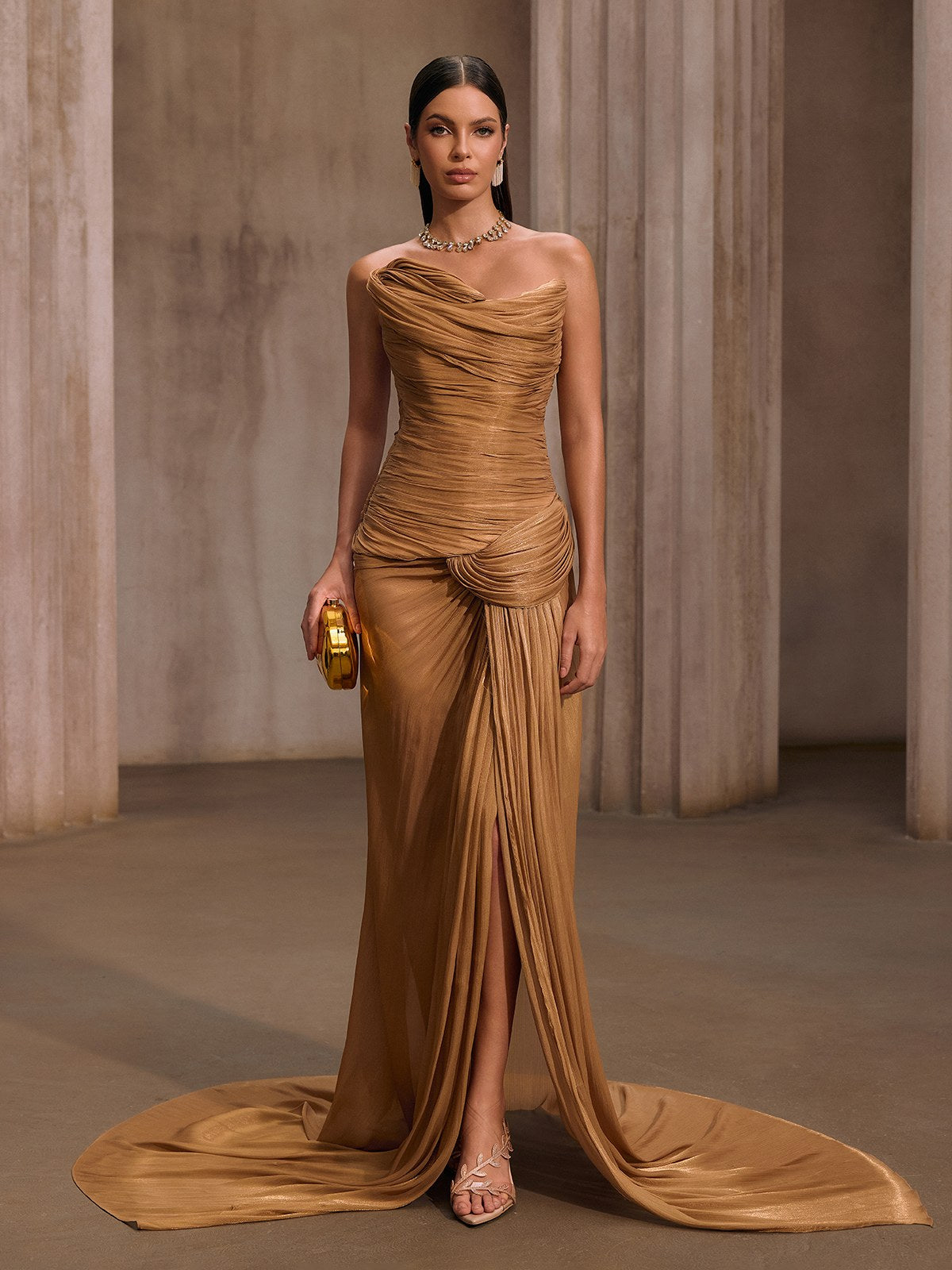 Kawasakix Strapless Ruched Split Maxi Dress In Gold