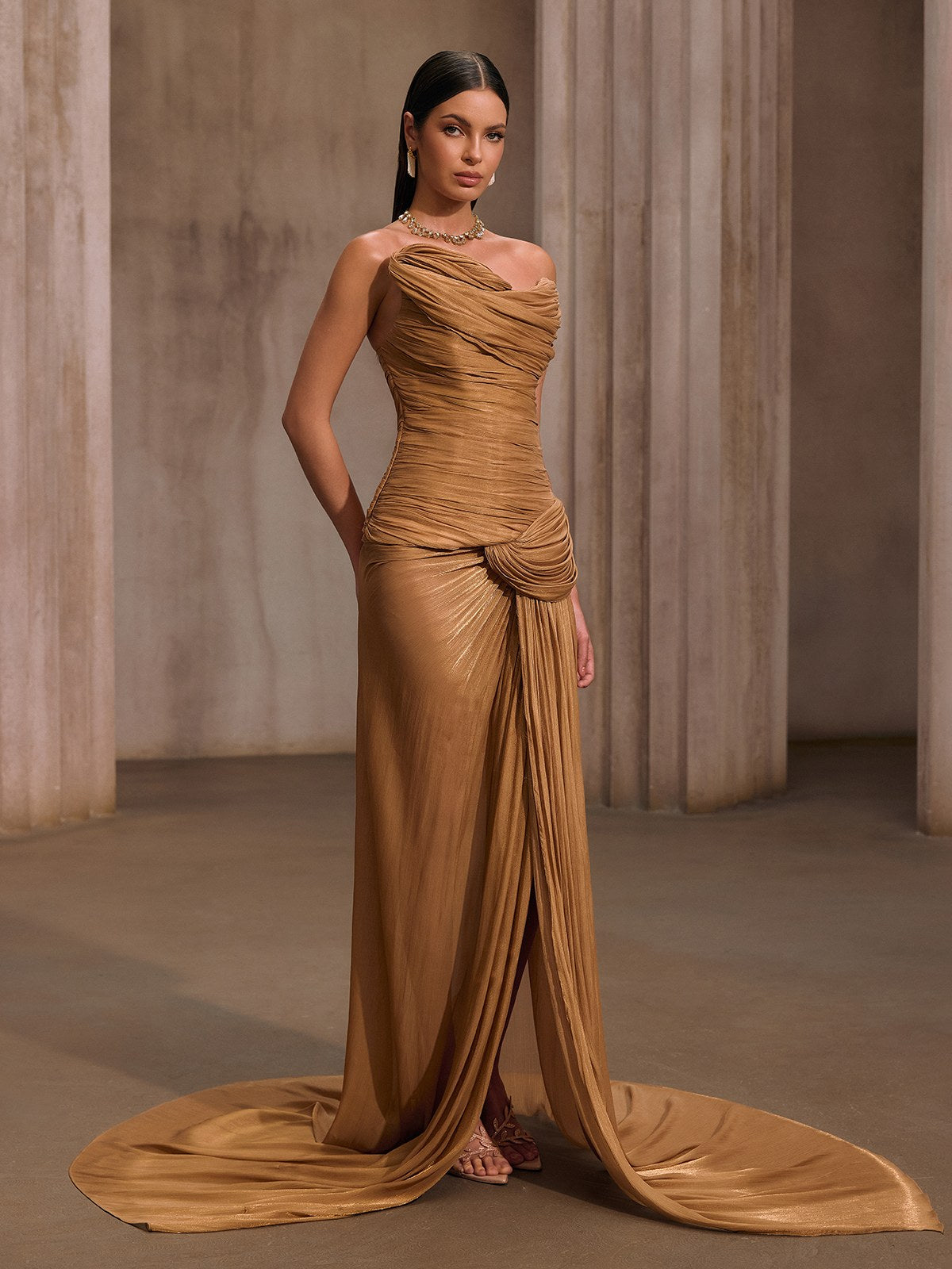 Kawasakix Strapless Ruched Split Maxi Dress In Gold
