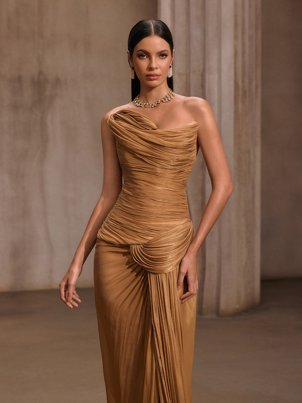 Kawasakix Strapless Ruched Split Maxi Dress In Gold