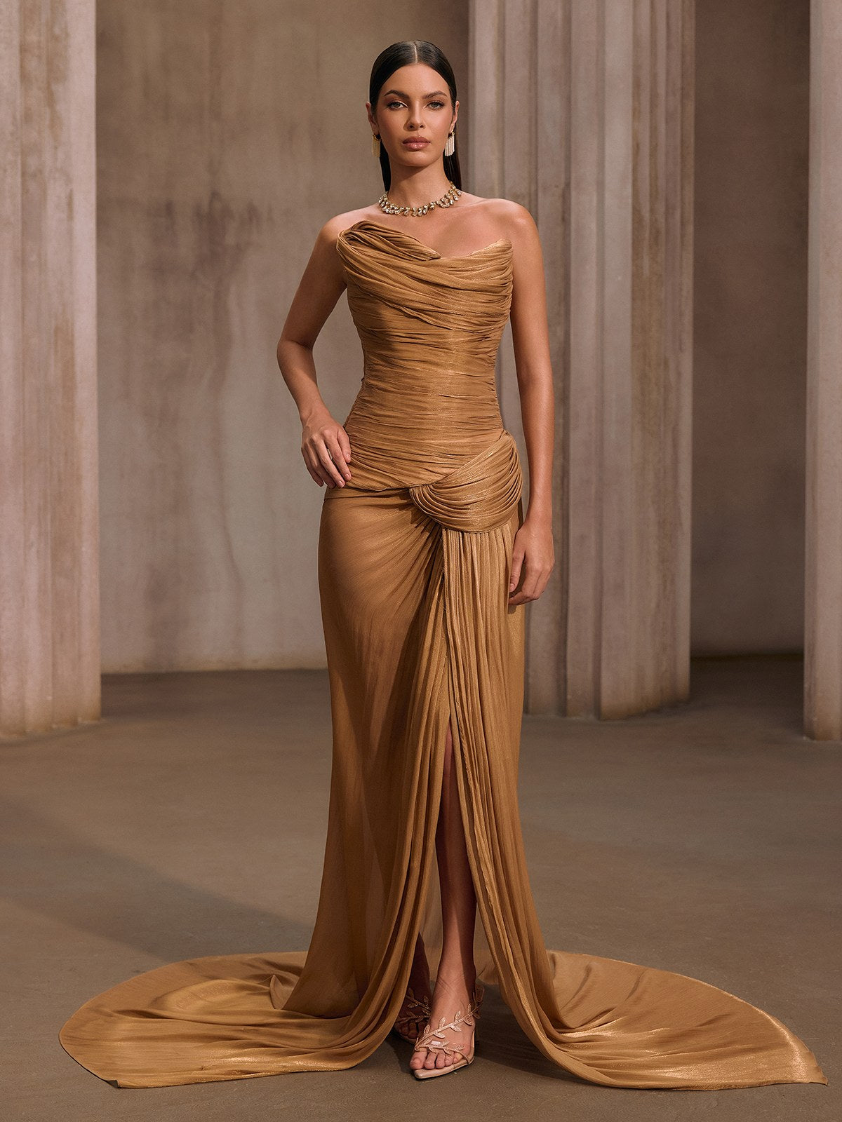 Kawasakix Strapless Ruched Split Maxi Dress In Gold
