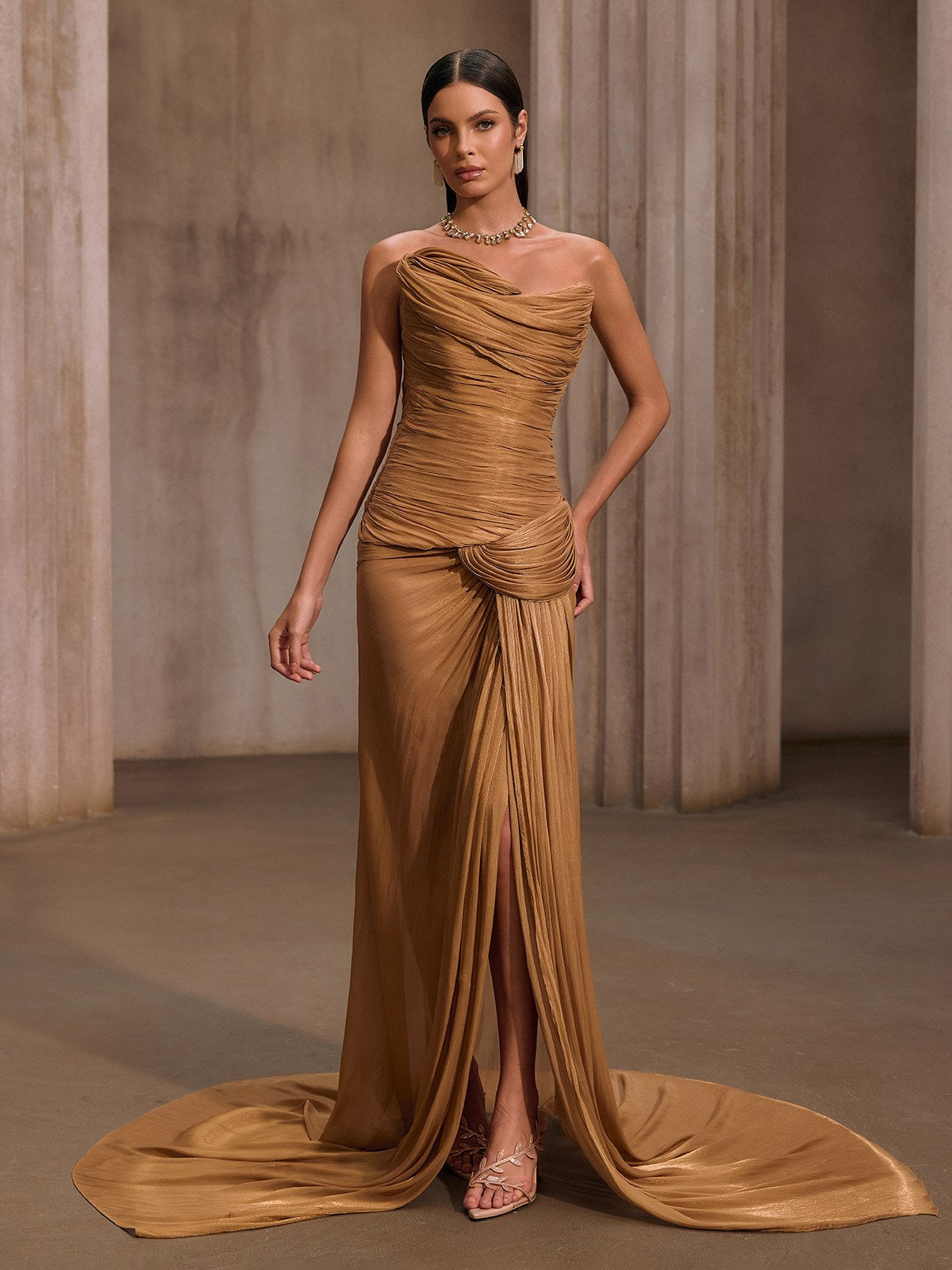 Kawasakix Strapless Ruched Split Maxi Dress In Gold