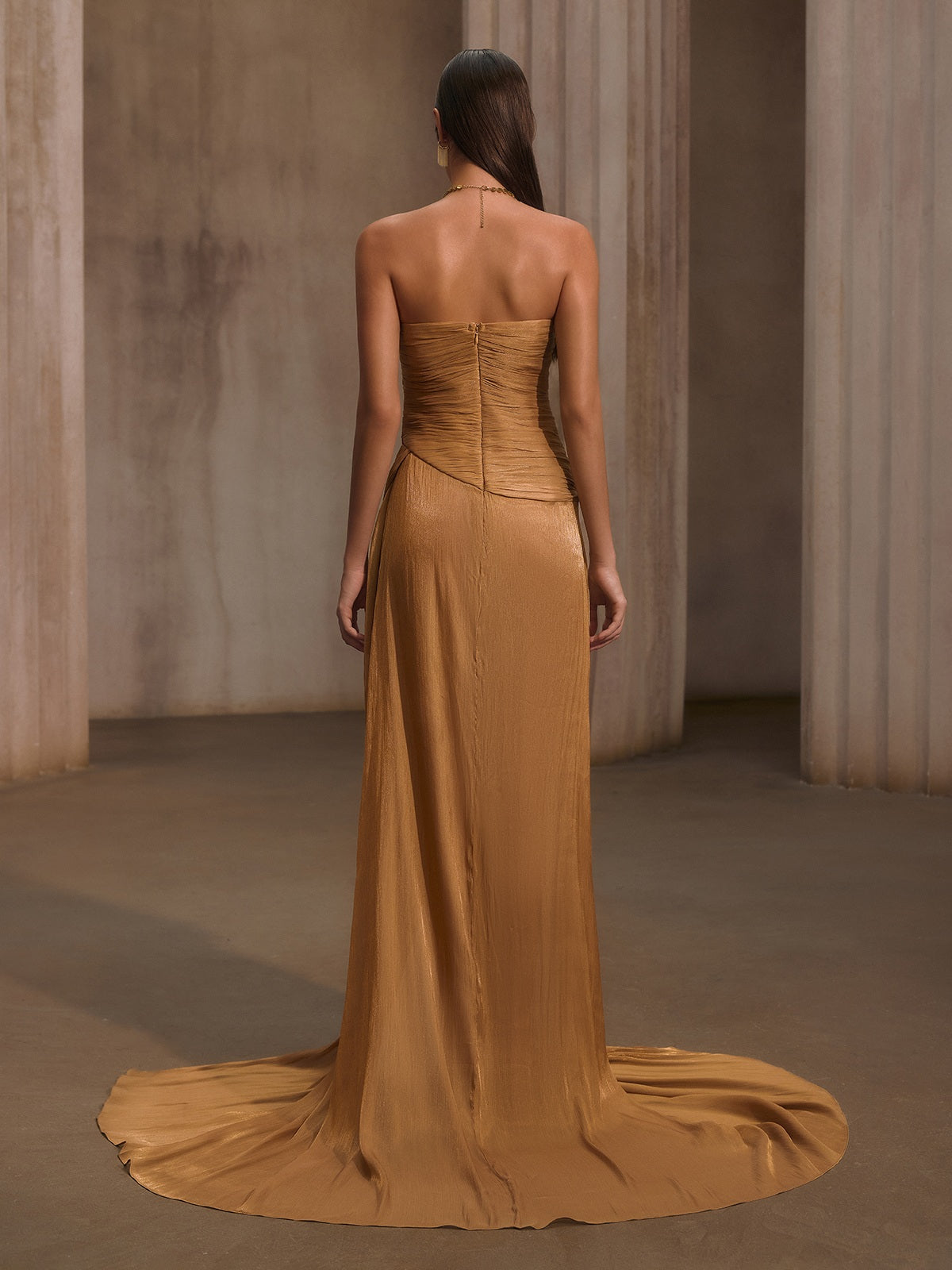 Kawasakix Strapless Ruched Split Maxi Dress In Gold