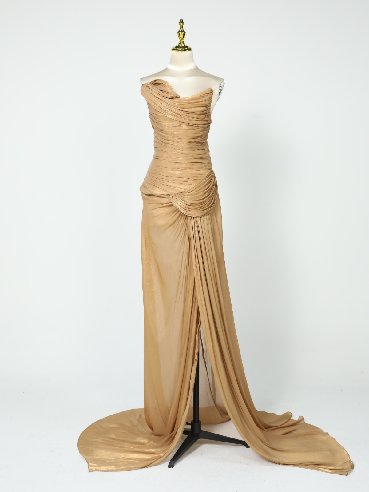 Kawasakix Strapless Ruched Split Maxi Dress In Gold