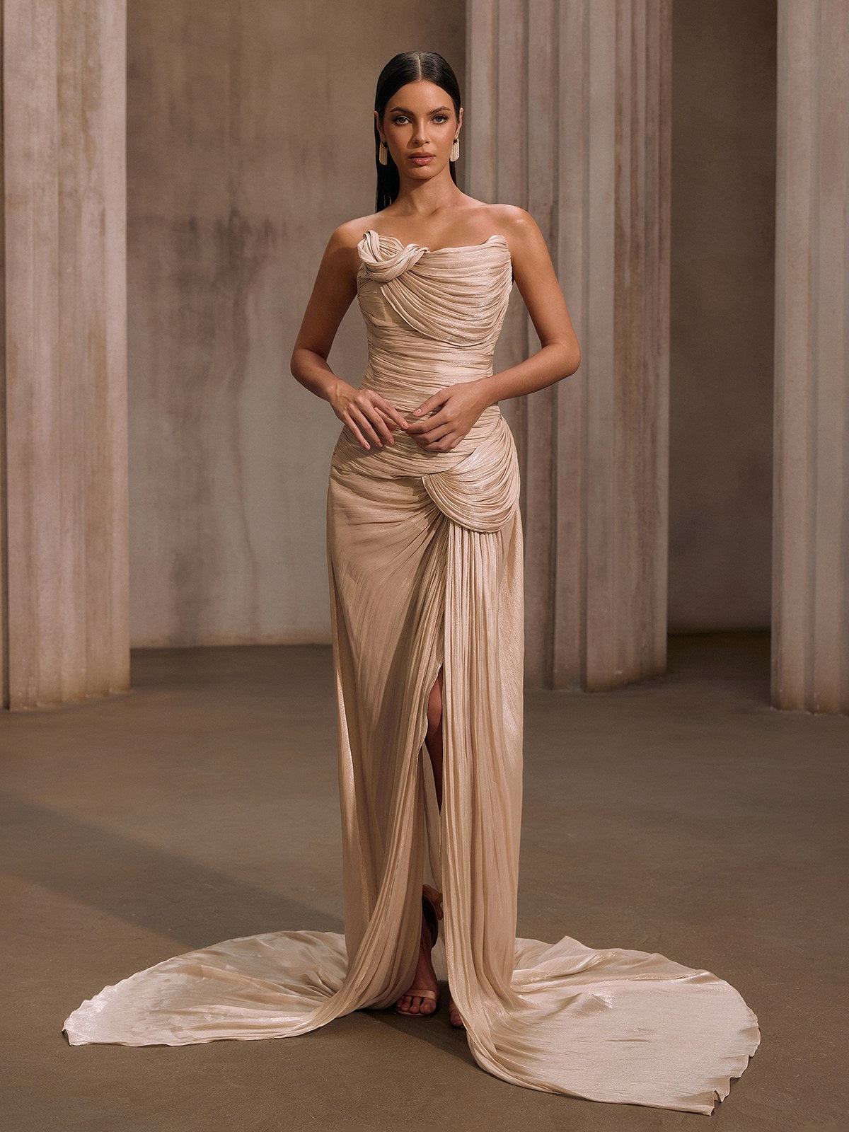 Kawasakix Strapless Ruched Split Maxi Dress In Ivory