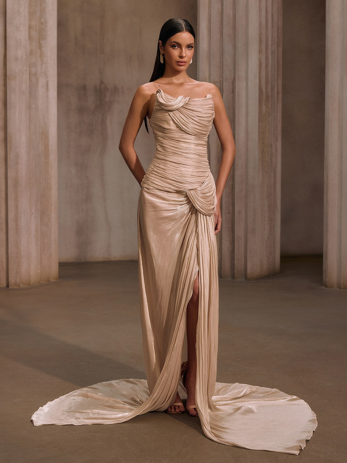 Kawasakix Strapless Ruched Split Maxi Dress In Ivory