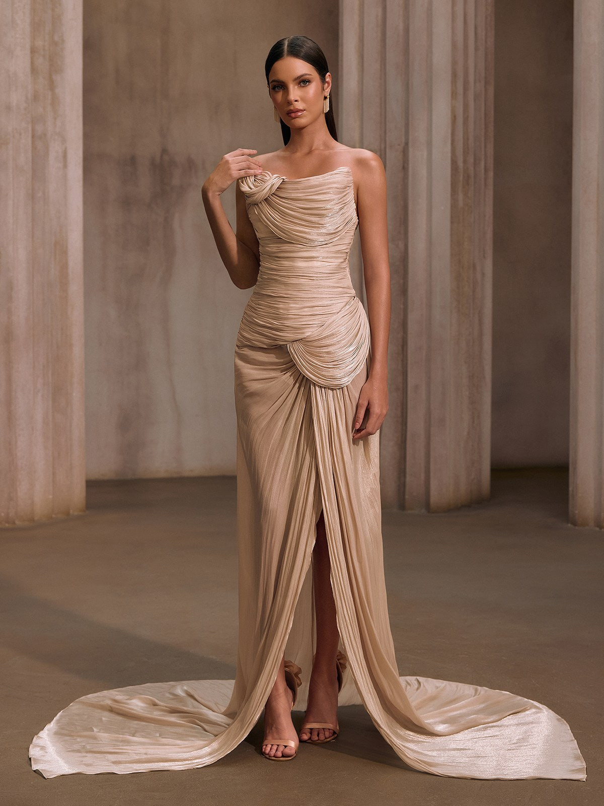 Kawasakix Strapless Ruched Split Maxi Dress In Ivory