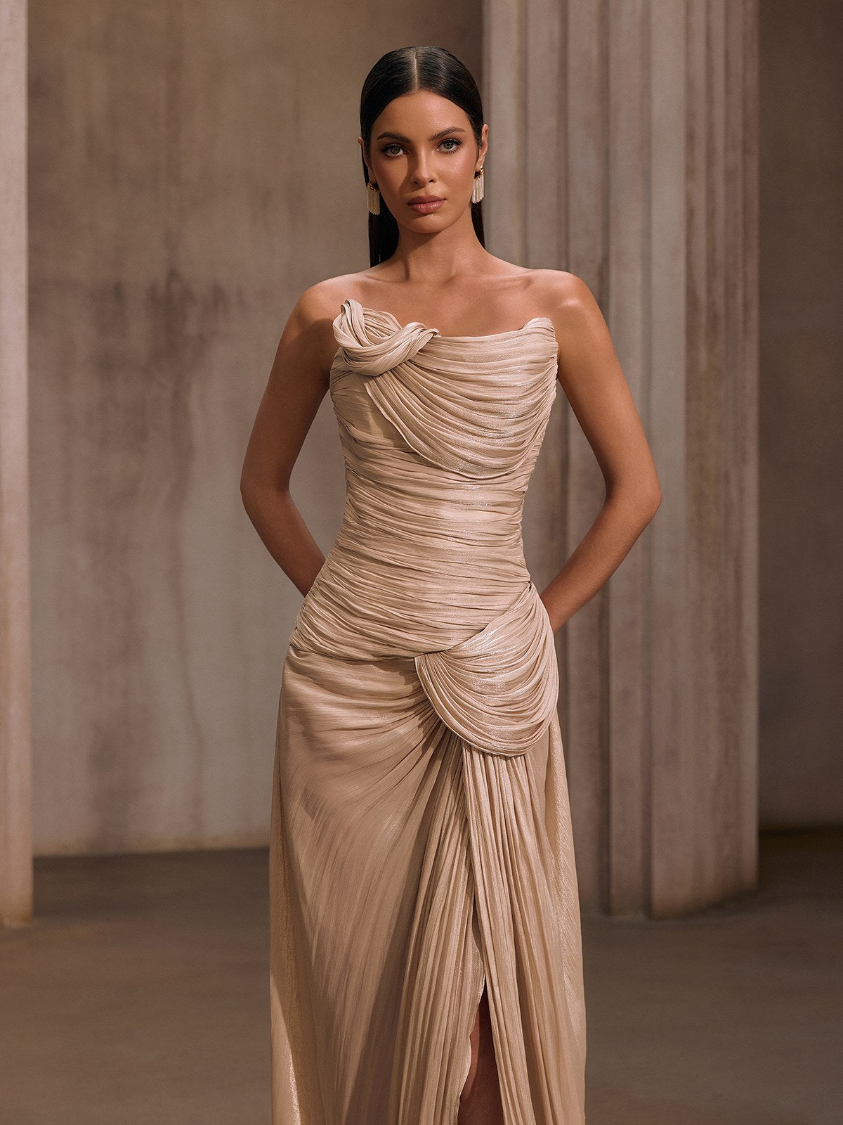 Kawasakix Strapless Ruched Split Maxi Dress In Ivory