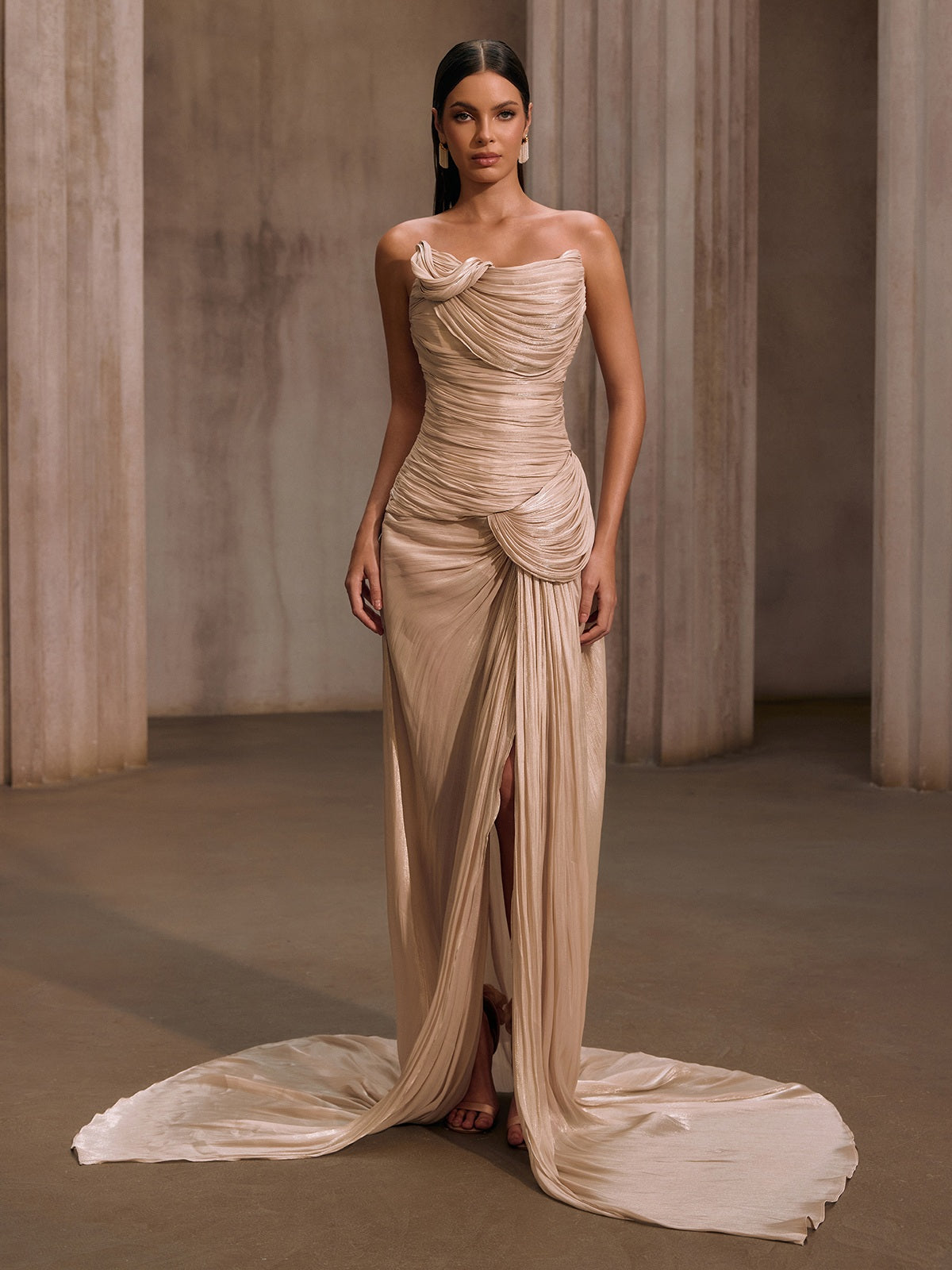 Kawasakix Strapless Ruched Split Maxi Dress In Ivory