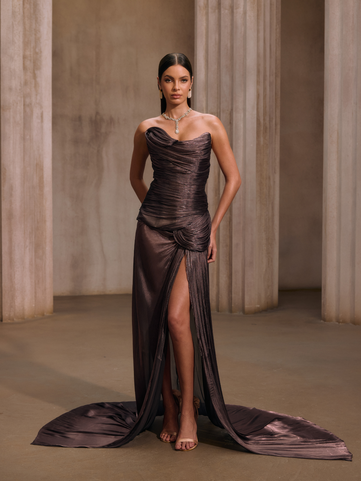 Kawasakix Strapless Ruched Split Maxi Dress In Mauve Brown