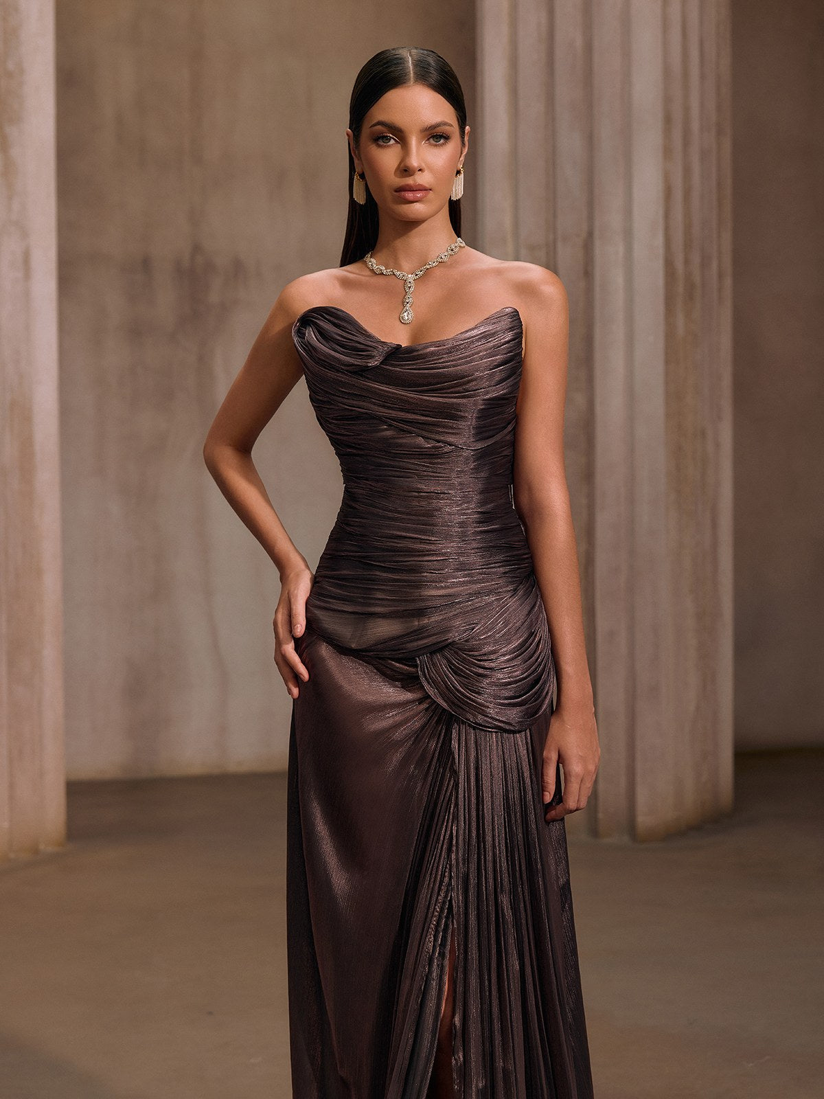 Kawasakix Strapless Ruched Split Maxi Dress In Mauve Brown