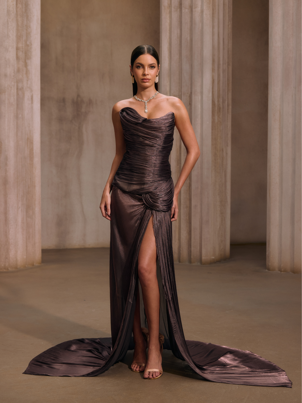Kawasakix Strapless Ruched Split Maxi Dress In Mauve Brown