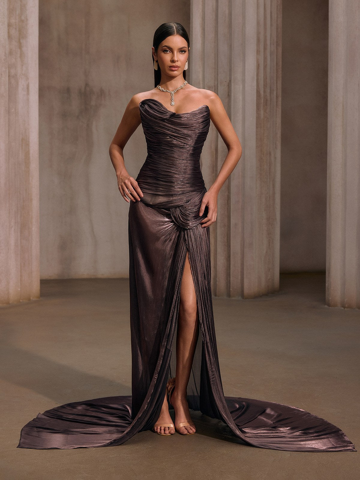 Kawasakix Strapless Ruched Split Maxi Dress In Mauve Brown