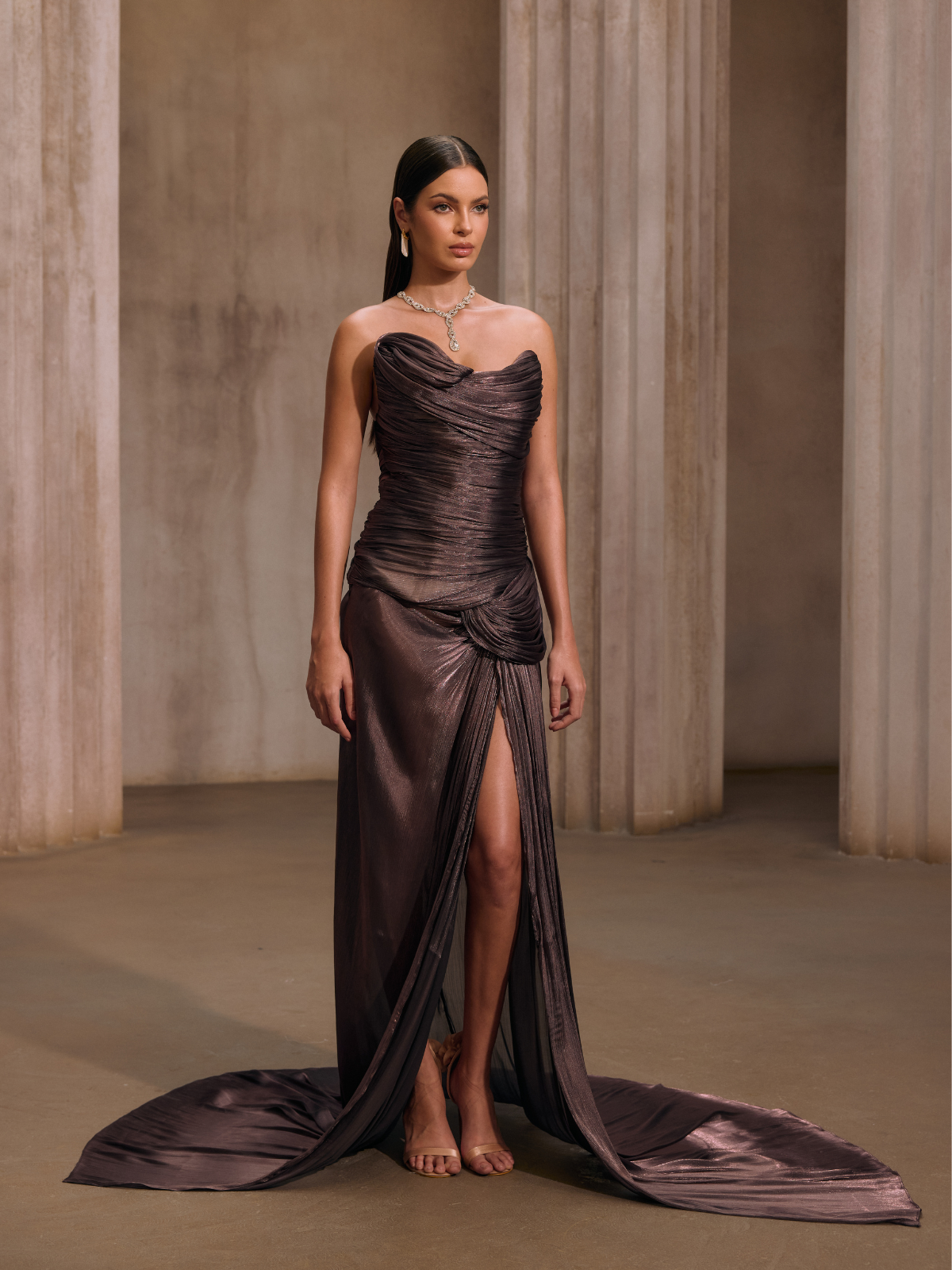Kawasakix Strapless Ruched Split Maxi Dress In Mauve Brown