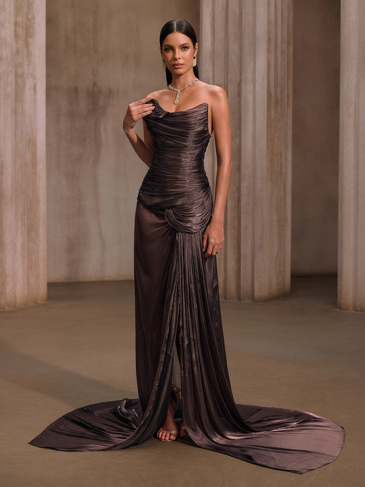 Kawasakix Strapless Ruched Split Maxi Dress In Mauve Brown