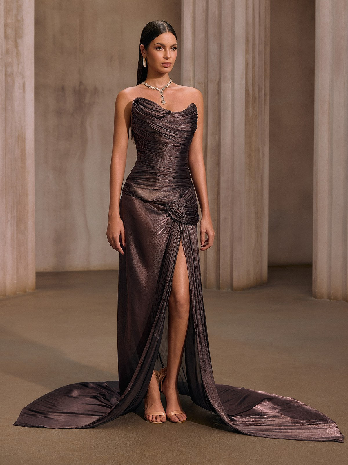 Kawasakix Strapless Ruched Split Maxi Dress In Mauve Brown