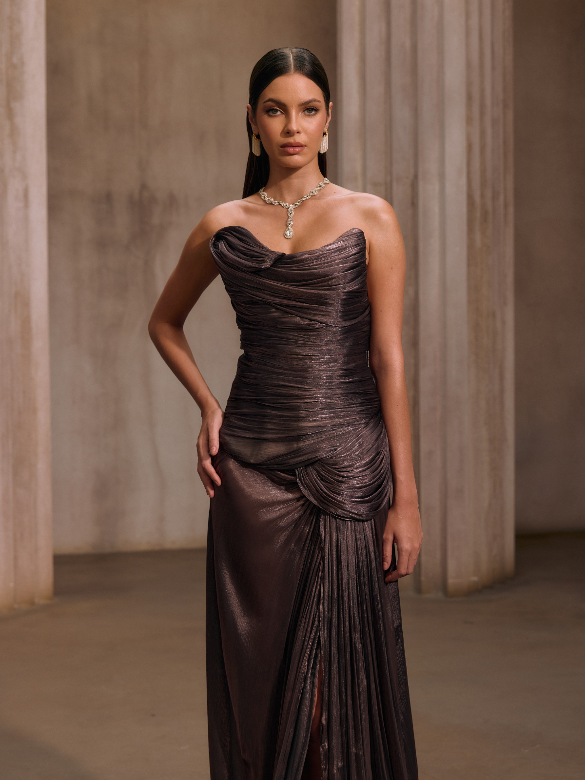 Kawasakix Strapless Ruched Split Maxi Dress In Mauve Brown