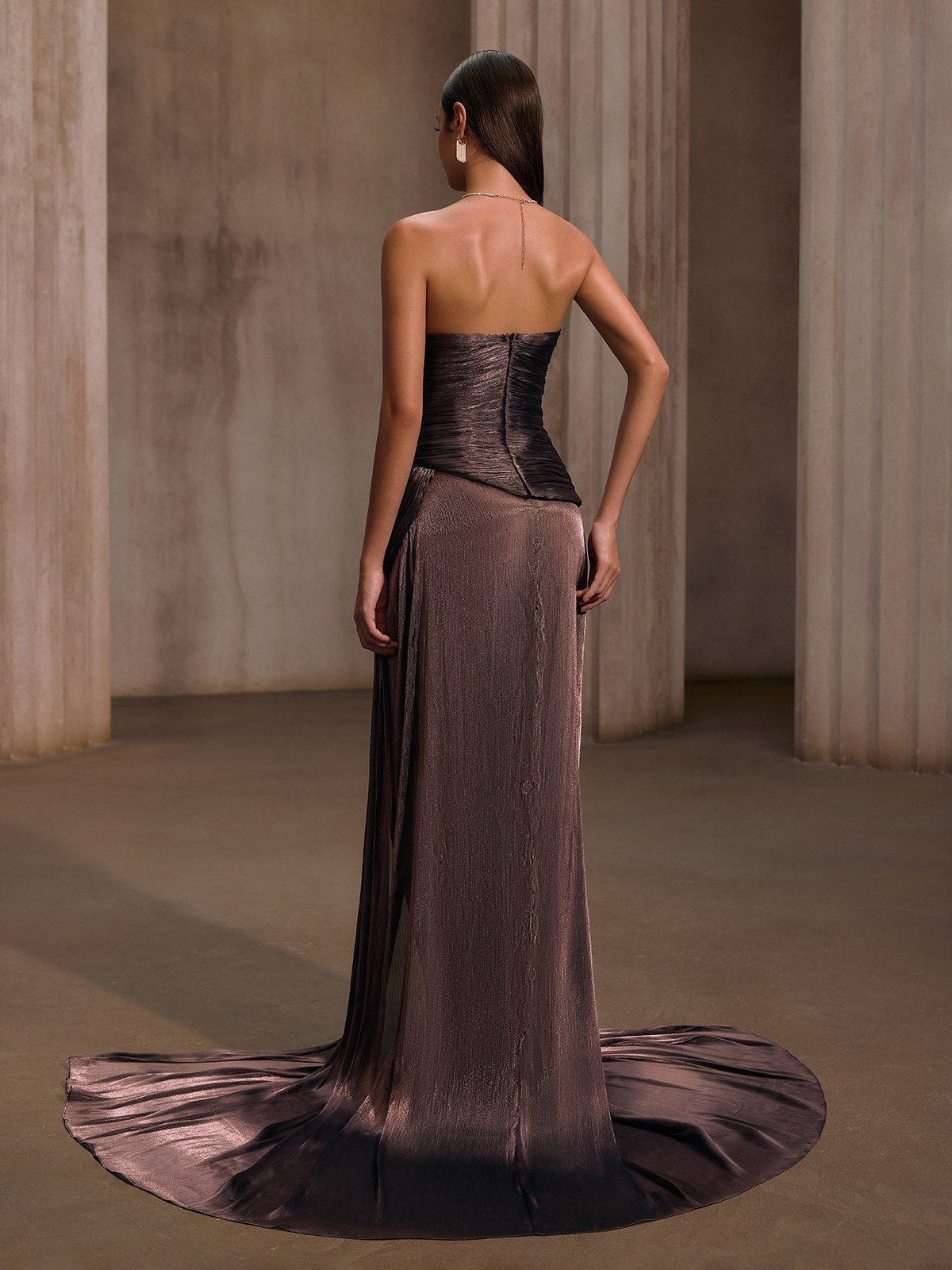 Kawasakix Strapless Ruched Split Maxi Dress In Mauve Brown