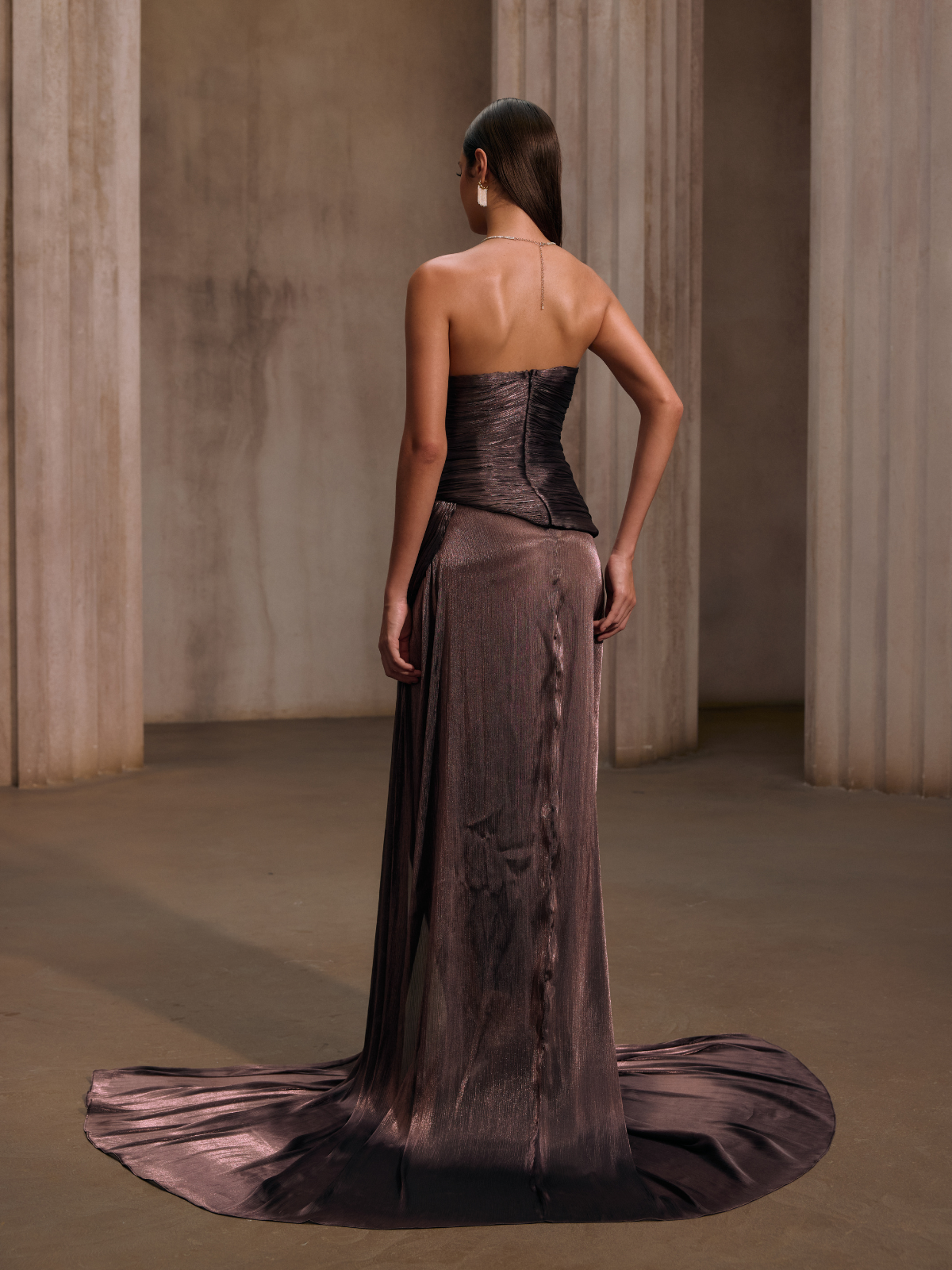 Kawasakix Strapless Ruched Split Maxi Dress In Mauve Brown