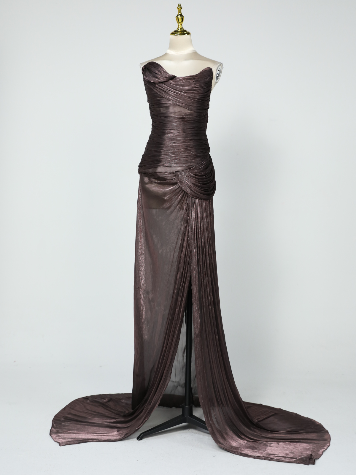 Kawasakix Strapless Ruched Split Maxi Dress In Mauve Brown