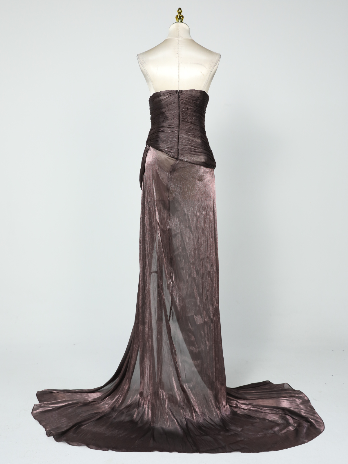 Kawasakix Strapless Ruched Split Maxi Dress In Mauve Brown