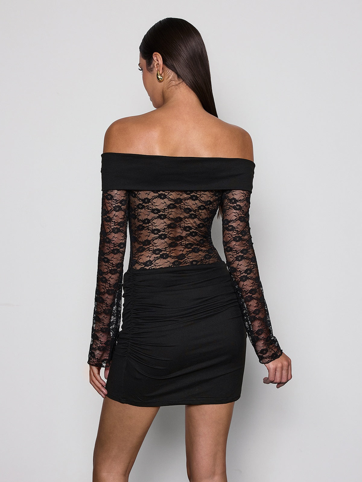 Kenvora Off Shoulder Lace Ruched Mini Dress