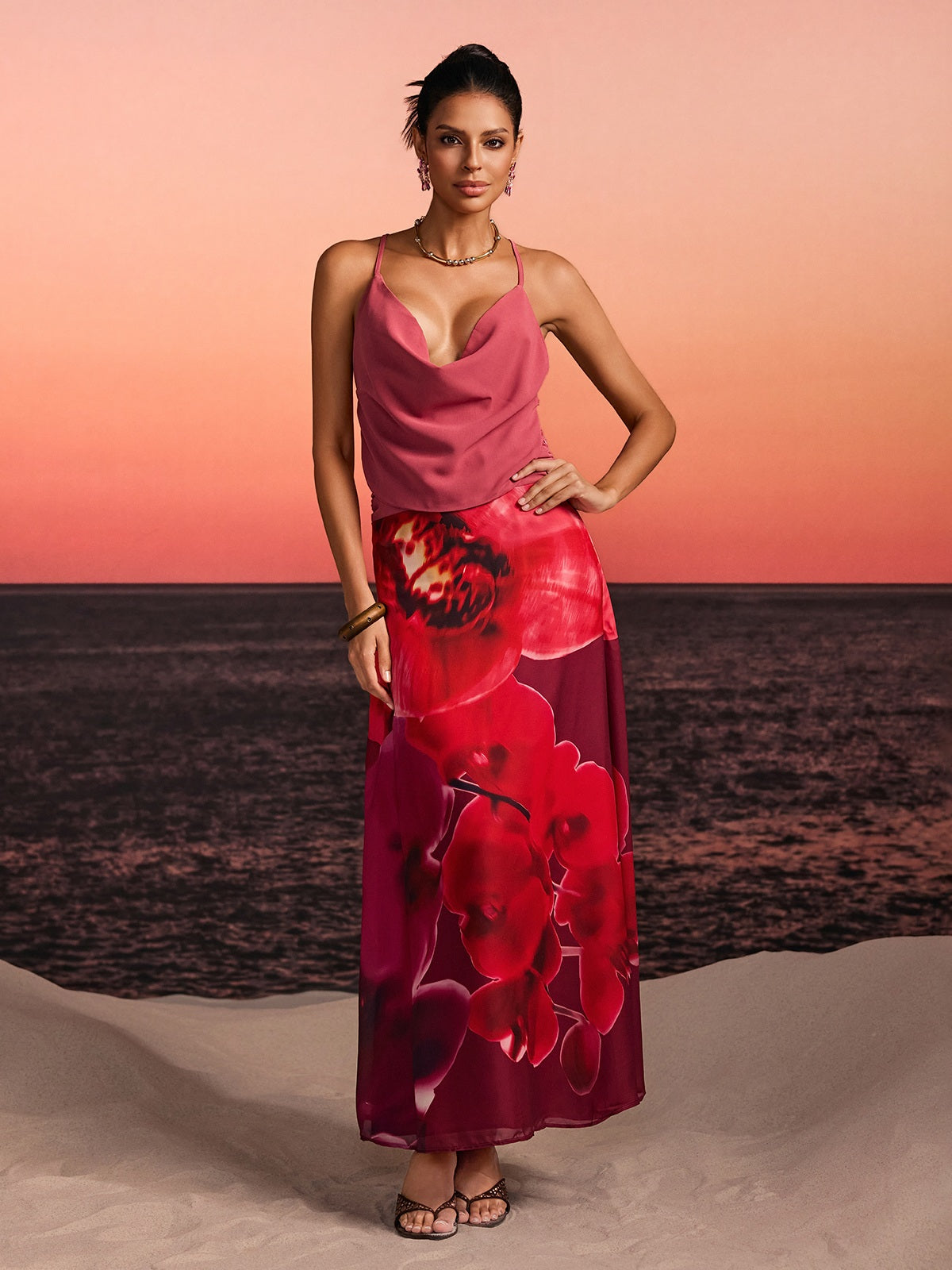 Kervan Plunge Neck Printed Skirt Set