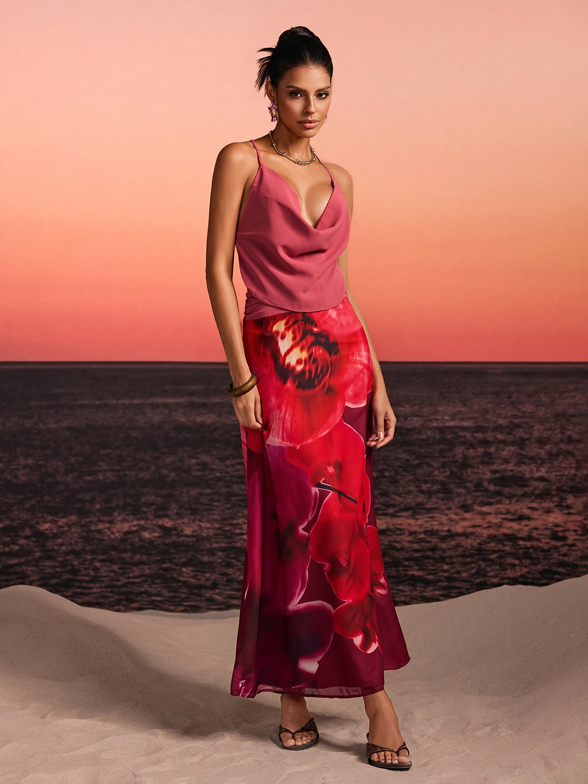 Kervan Plunge Neck Printed Skirt Set