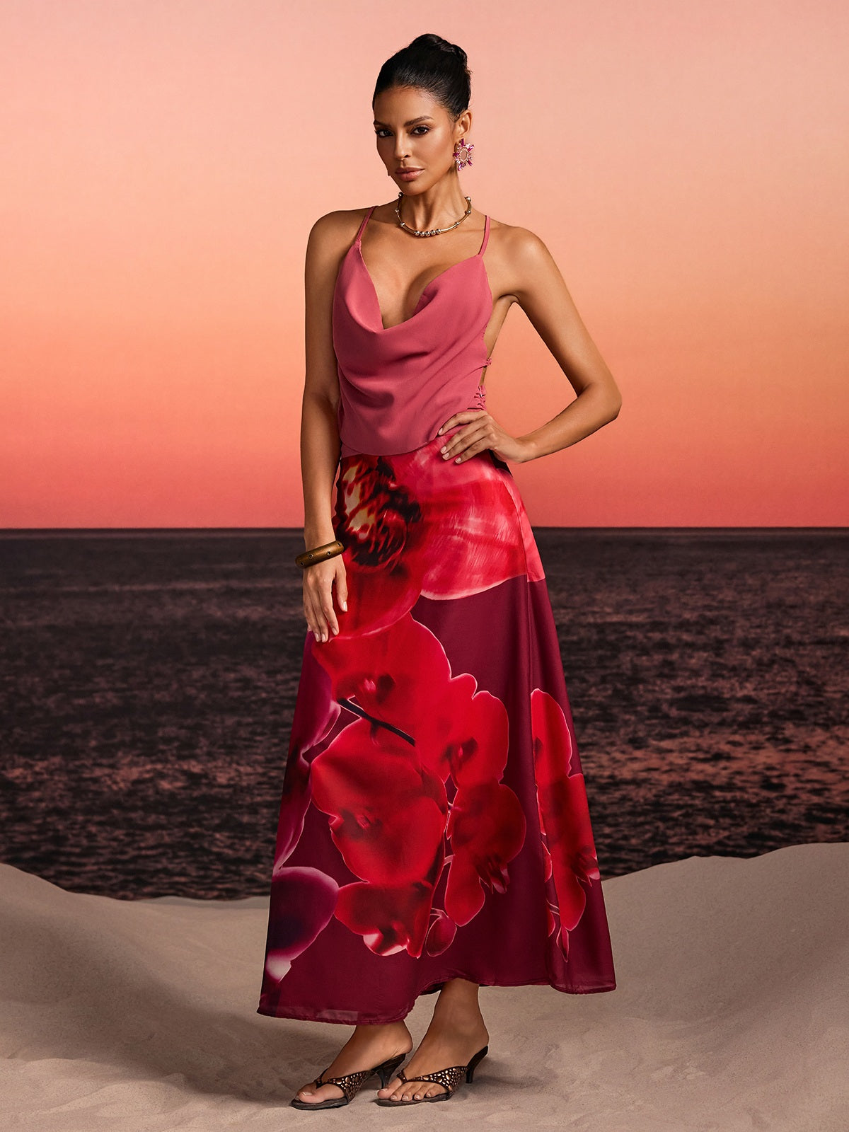 Kervan Plunge Neck Printed Skirt Set