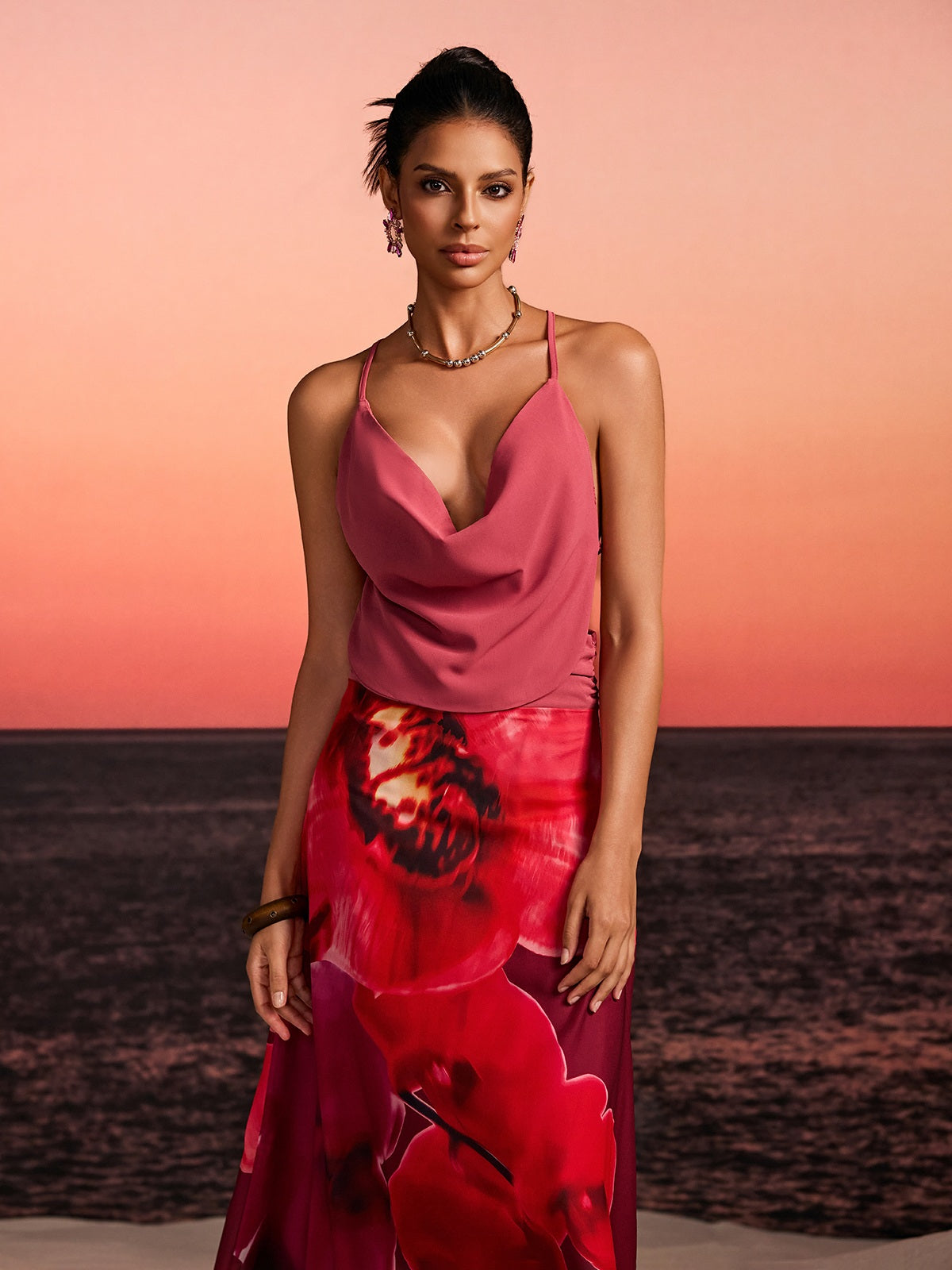 Kervan Plunge Neck Printed Skirt Set