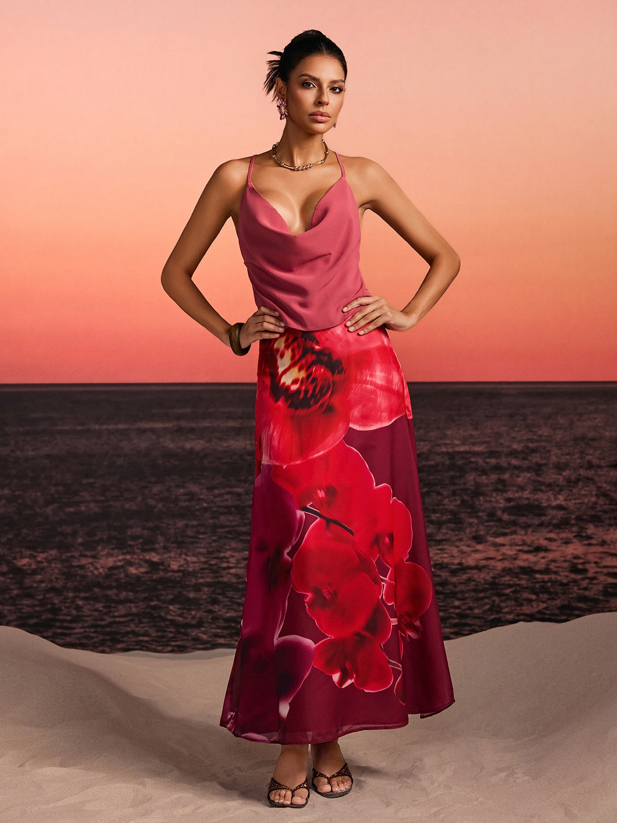 Kervan Plunge Neck Printed Skirt Set