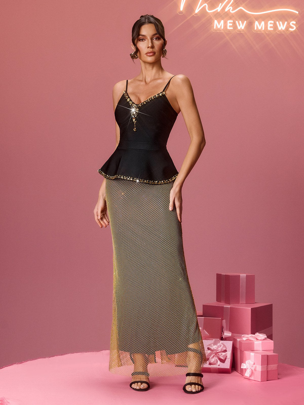 Klyra Spaghetti Rhinestone Mesh Skirt Set