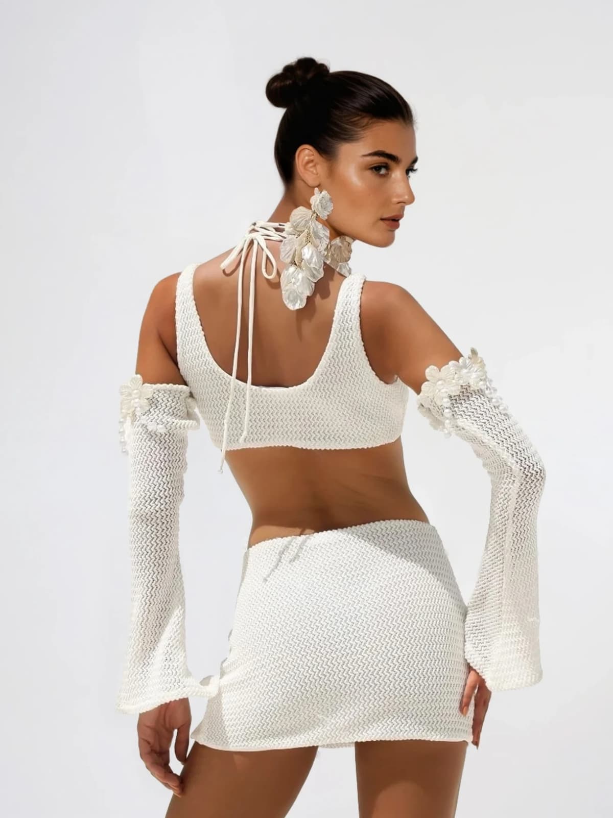 Kolmogor Bell Sleeves Flower Knit Skirt Set