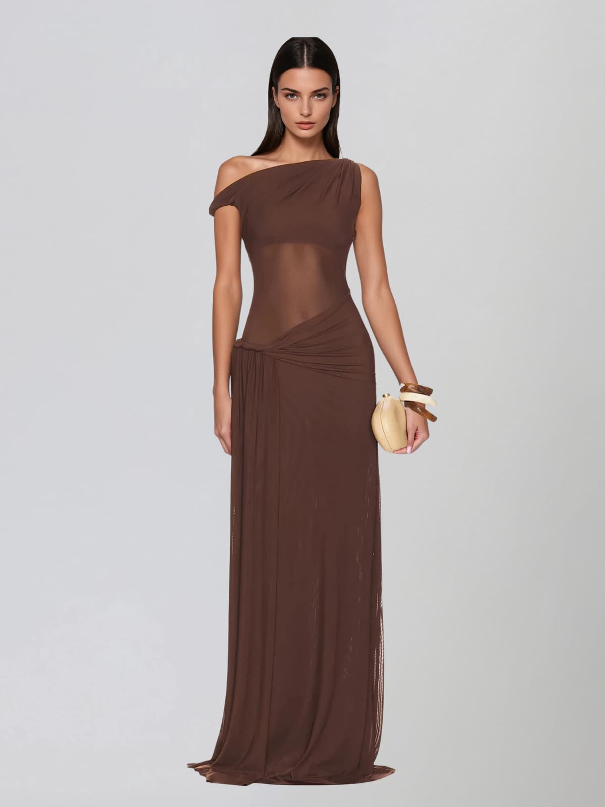 Korin One Shoulder Twisted Mesh Maxi Dress In Coffee