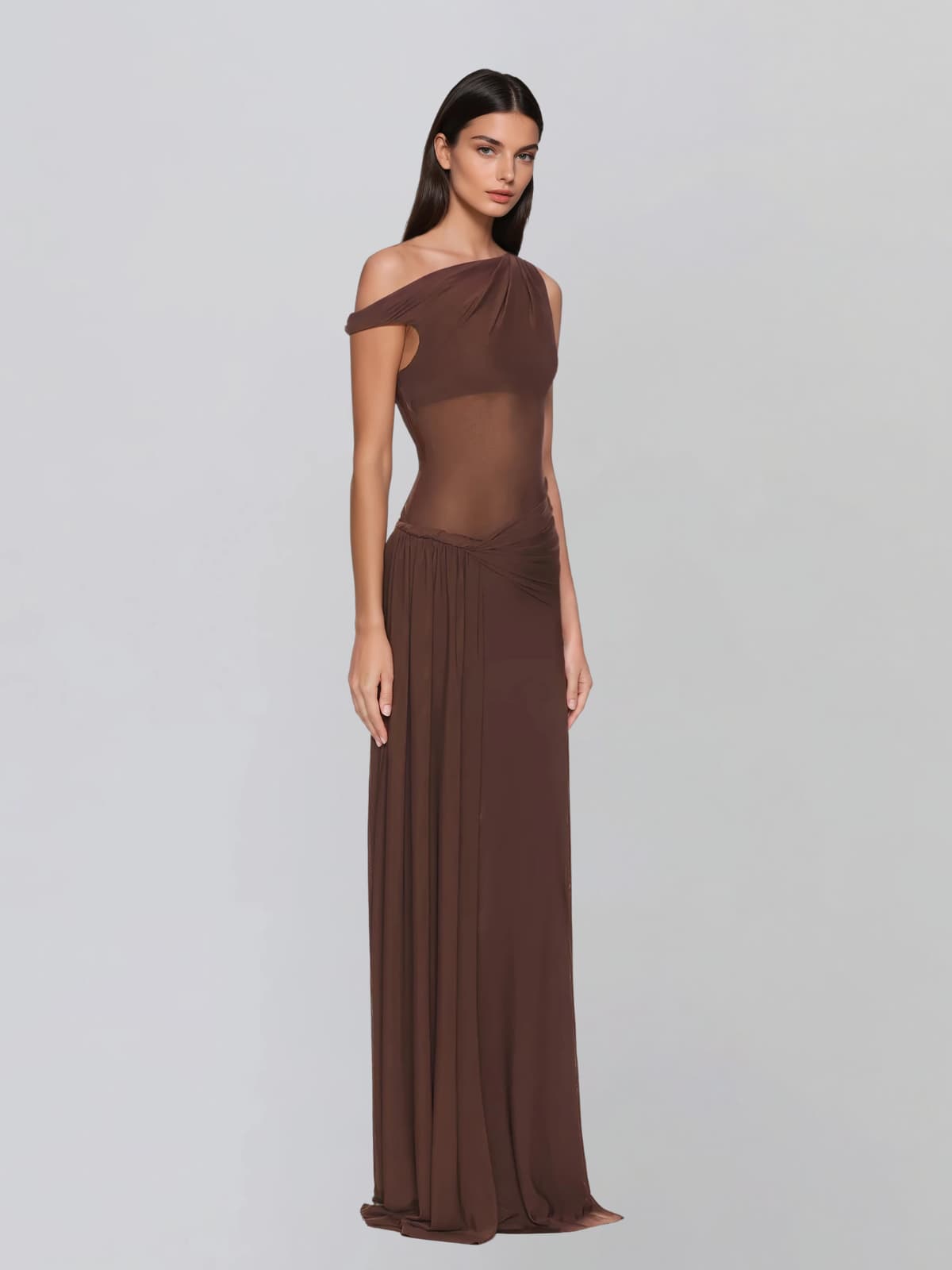 Korin One Shoulder Twisted Mesh Maxi Dress In Coffee