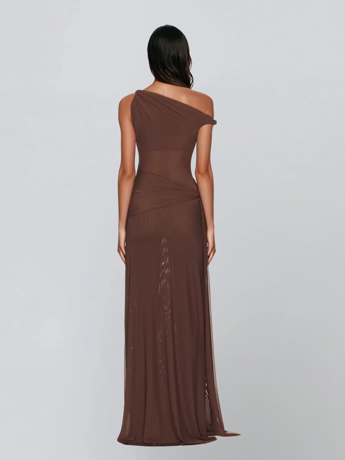 Korin One Shoulder Twisted Mesh Maxi Dress In Coffee