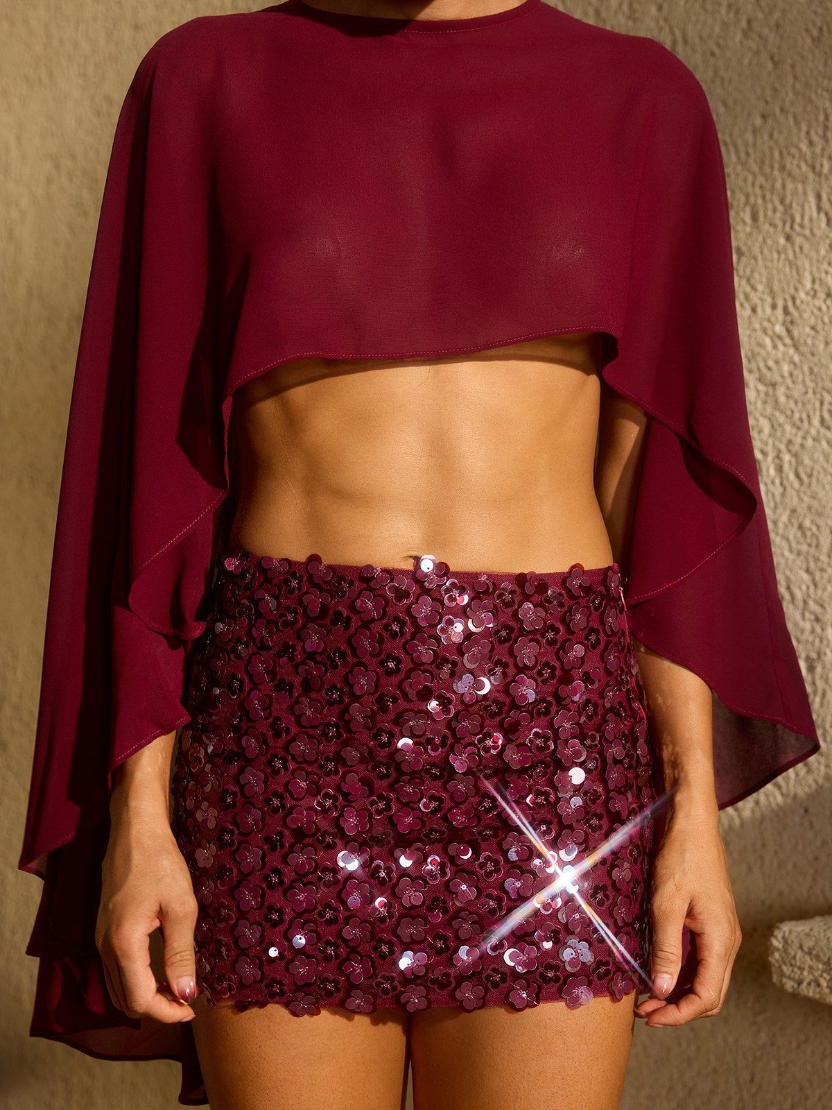 Korvannis Cape Flower Sequin Skirt Set In Wine