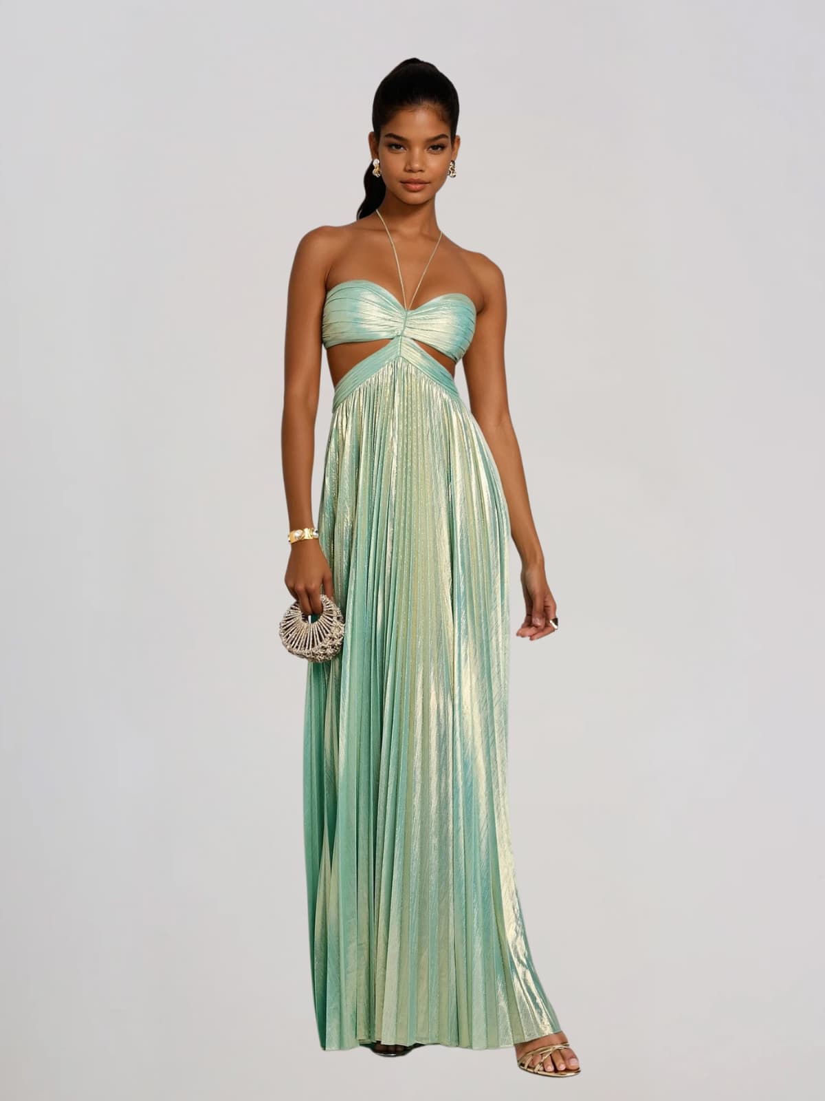 Koryxin Cutout Pleated Metallic Maxi Dress In Teal