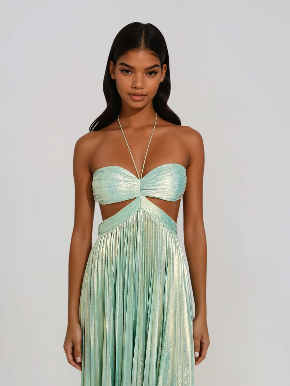 Koryxin Cutout Pleated Metallic Maxi Dress In Teal