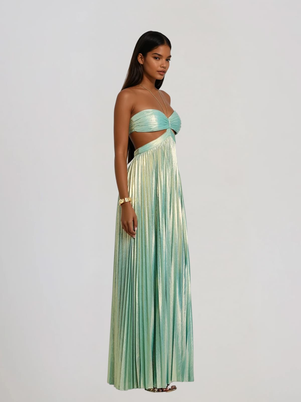 Koryxin Cutout Pleated Metallic Maxi Dress In Teal