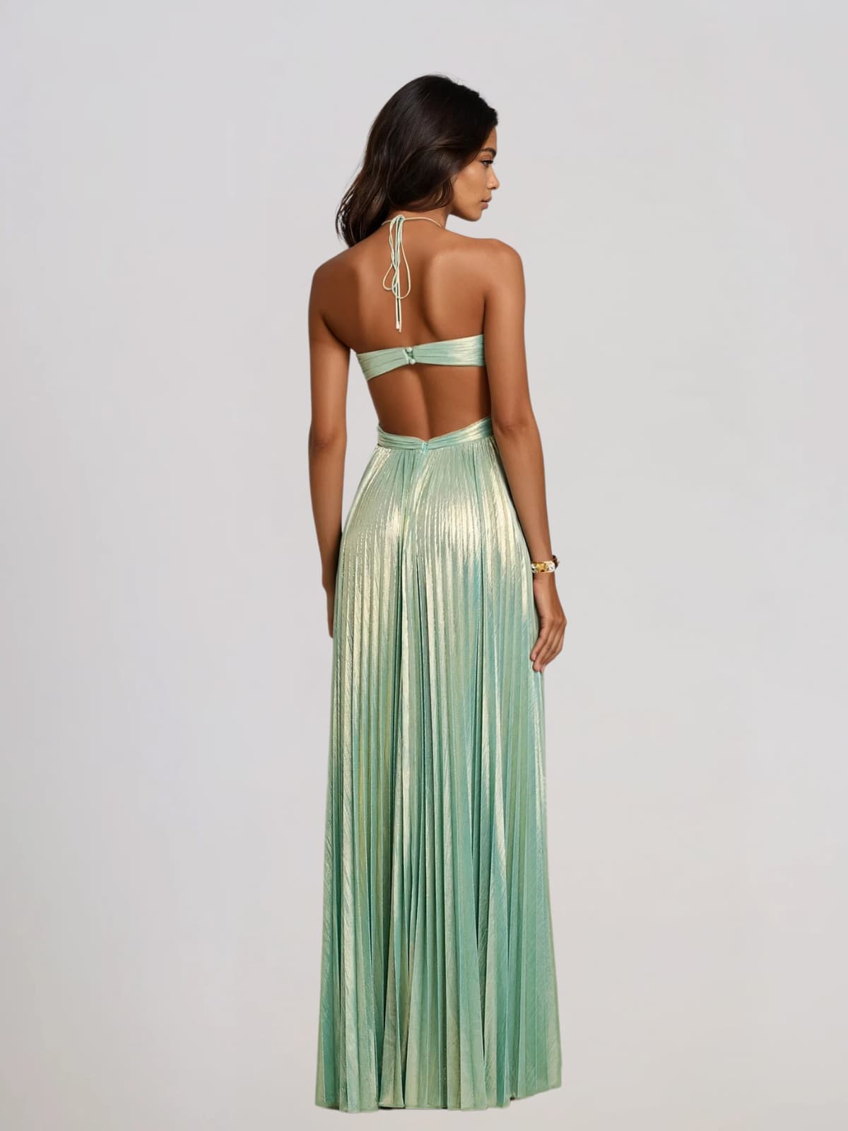 Koryxin Cutout Pleated Metallic Maxi Dress In Teal