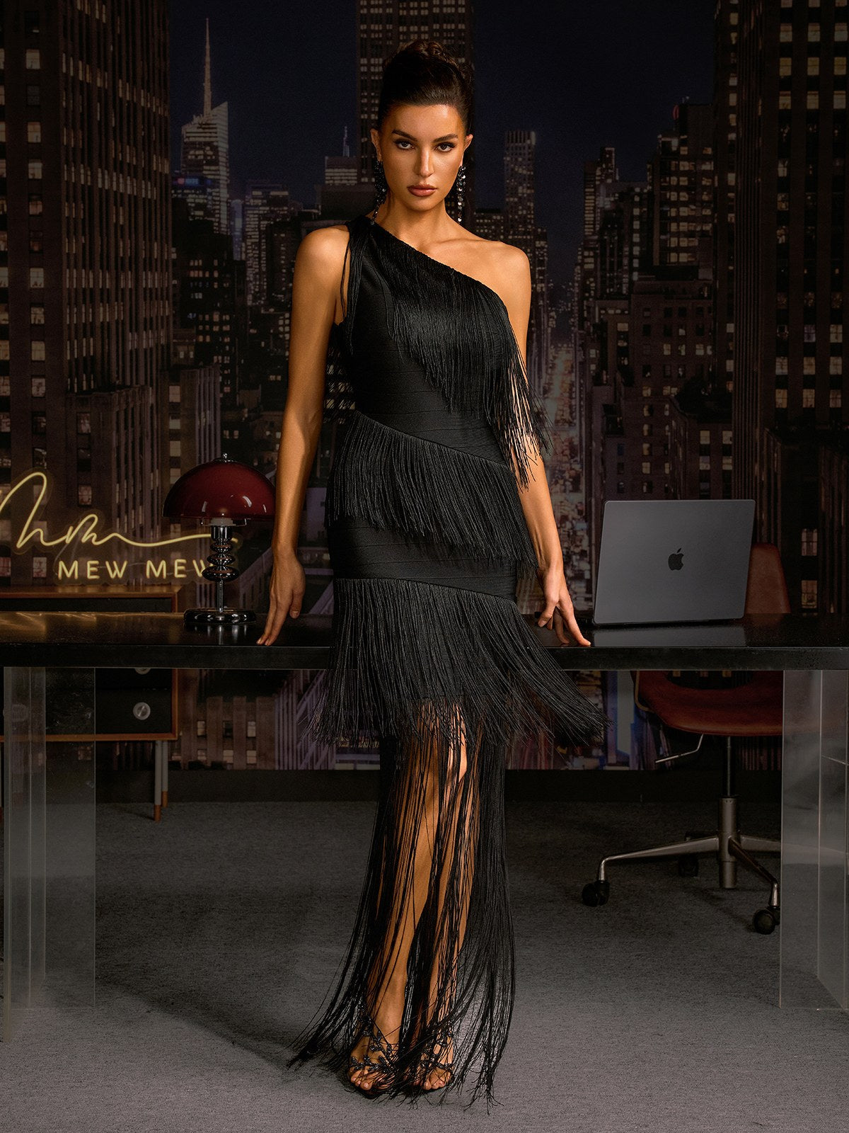 Kreutzix One Shoulder Fringe Bandage Maxi Dress