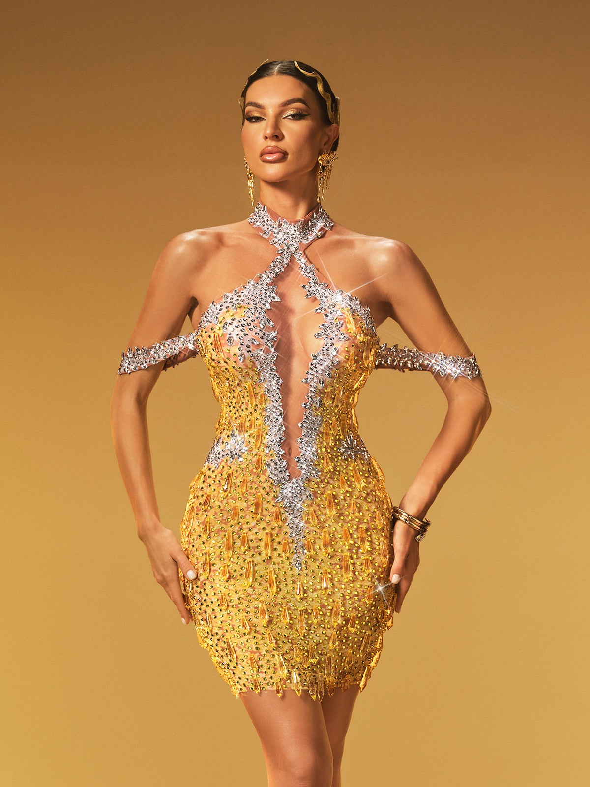 Krythos Halterneck Crystal Mesh Mini Dress In Chartreuse