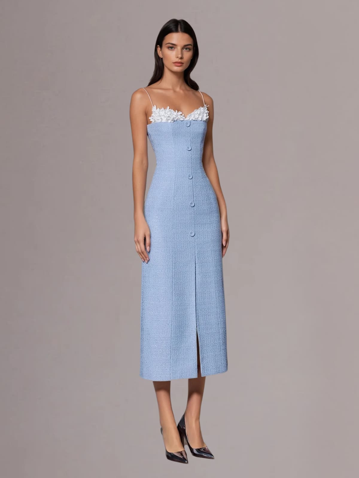 Kuratox Spaghetti Flower Split Midi Dress In Blue