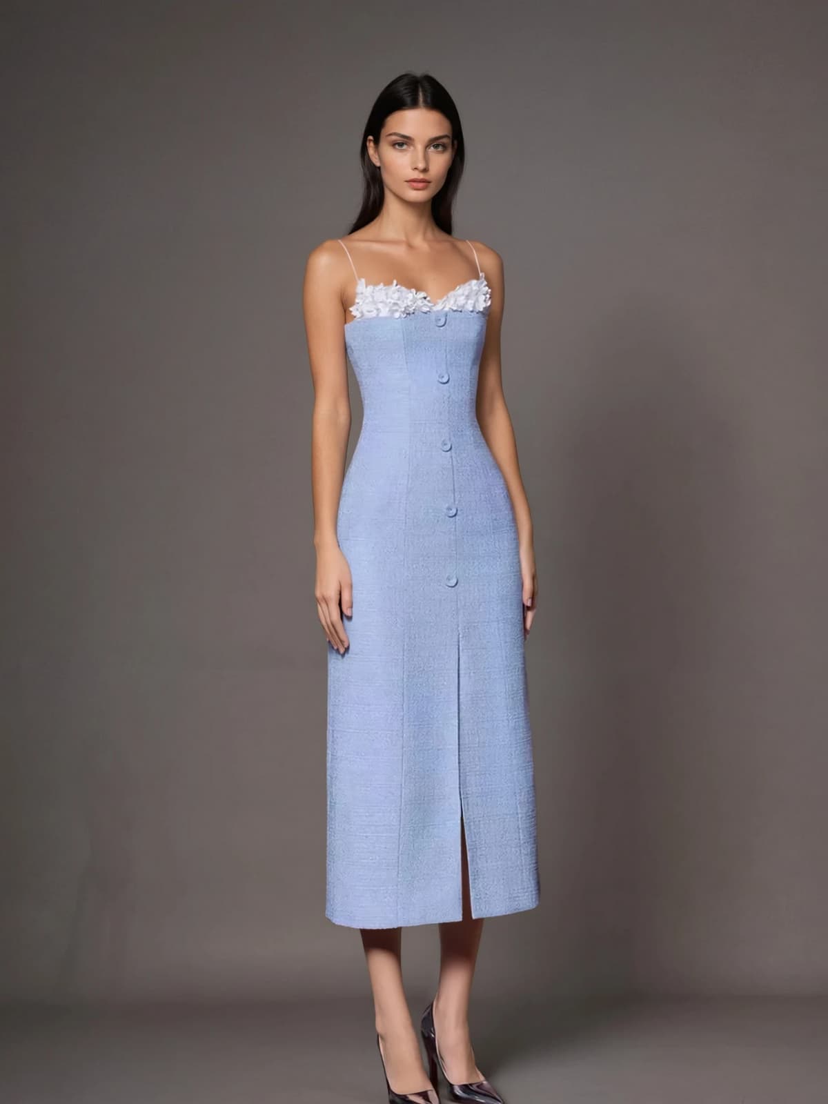 Kuratox Spaghetti Flower Split Midi Dress In Blue