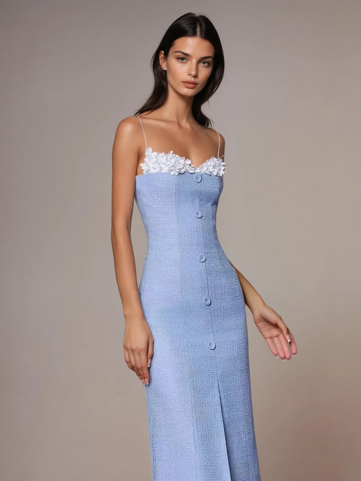 Kuratox Spaghetti Flower Split Midi Dress In Blue