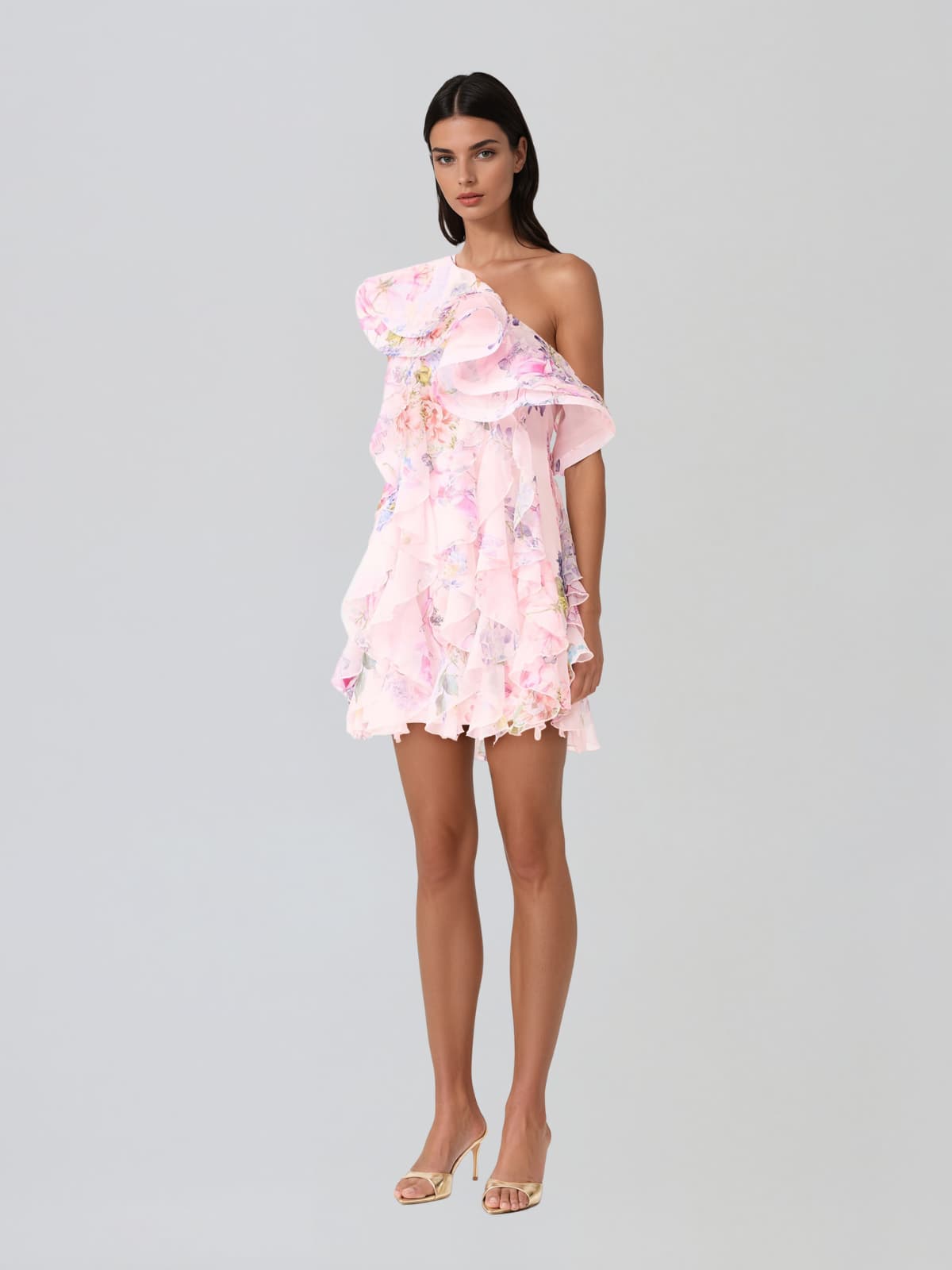 Kylvaron One Shoulder Floral Ruffle Mini Dress