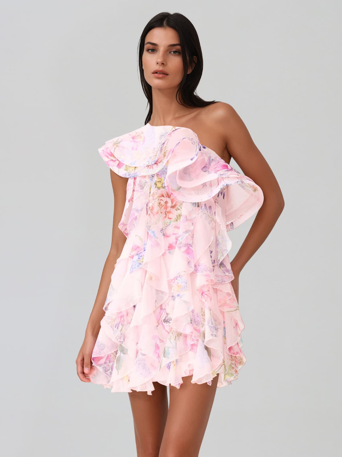 Kylvaron One Shoulder Floral Ruffle Mini Dress