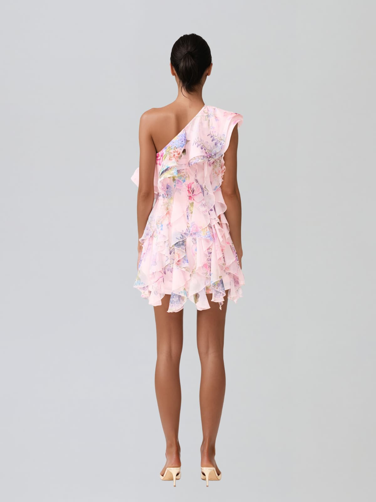 Kylvaron One Shoulder Floral Ruffle Mini Dress