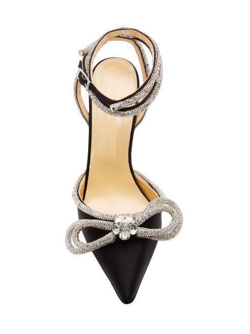Laila Bow Crystal Satin Heels In Black