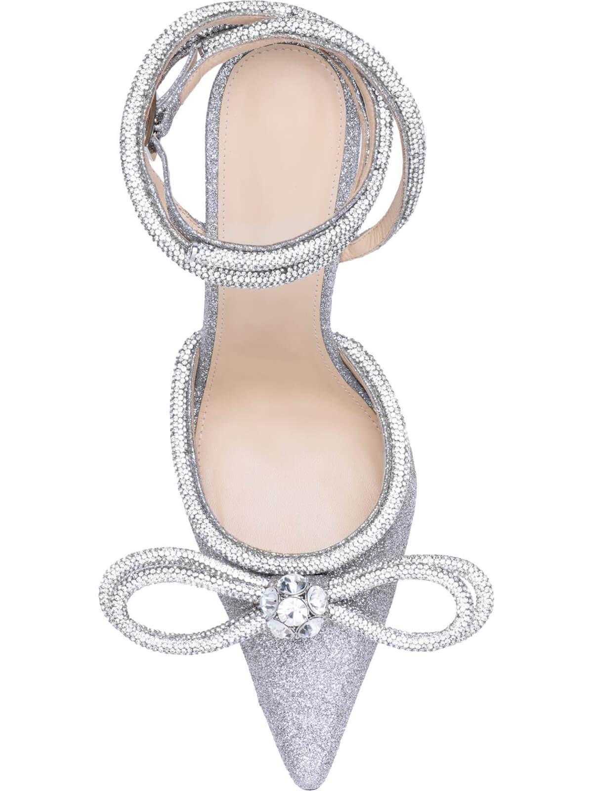 Laila Bow Crystal Satin Heels In Silver
